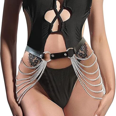 حزام سلسلة الخصر من الجلد البانك، سلاسل الجسم ذات الطبقات السوداء، مجوهرات الجسم للنساء والفتيات in Kuwait