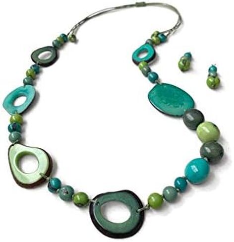 قلادة وأقراط طويلة من تاجوا باللون الأزرق المخضر والليمون والأخضر TAG677. مجوهرات تاجوا الجوز، مجموعة قلادة من العاج النباتي. مجموعة قلادة وأقراط من المجوهرات العضوية in Kuwait