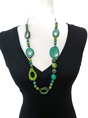 قلادة وأقراط طويلة من تاجوا باللون الأزرق المخضر والليمون والأخضر TAG677. مجوهرات تاجوا الجوز، مجموعة قلادة من العاج النباتي. مجموعة قلادة وأقراط من المجوهرات العضوية in Kuwait