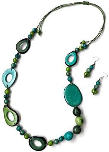 قلادة وأقراط طويلة من تاجوا باللون الأزرق المخضر والليمون والأخضر TAG677. مجوهرات تاجوا الجوز، مجموعة قلادة من العاج النباتي. مجموعة قلادة وأقراط من المجوهرات العضوية in Kuwait
