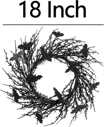 18 Inch Black Halloween Wreath Bat Wreath Door Wreath with Glitter Bats Decorations Halloween Party Decorations Halloween Ornament in Saudi Arabia