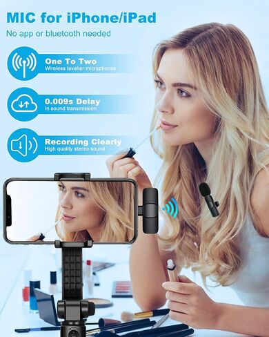 Wireless Lavalier Microphone Compatible with iPhone, Dual Mini Lapel Mic for Phone Video Recording, Wireless Clip On Microphone for TikTok YouTube Live Stream Vlog in Saudi Arabia