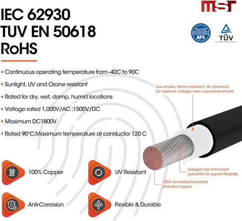 سلك MST PV - 300 قدم - سلك/كابل شمسي نحاسي مقاوم للأشعة فوق البنفسجية، لتمديد الألواح الشمسية والأنظمة الكهروضوئية - 8AWG/10AWG/12AWG - أسود وأحمر (أحمر، 10AWG) in Kuwait