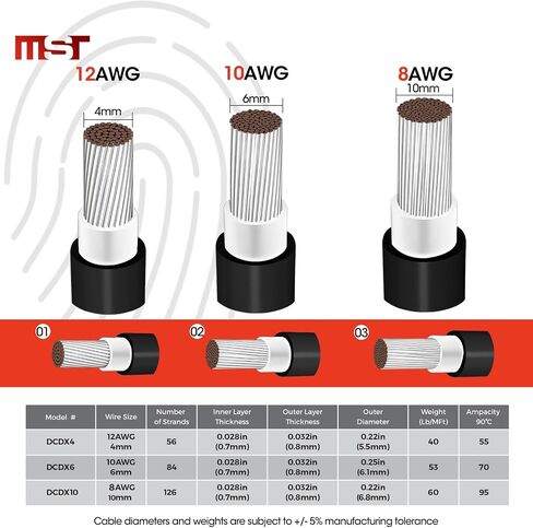 سلك MST PV - 300 قدم - سلك/كابل شمسي نحاسي مقاوم للأشعة فوق البنفسجية، لتمديد الألواح الشمسية والأنظمة الكهروضوئية - 8AWG/10AWG/12AWG - أسود وأحمر (أحمر، 10AWG) in Kuwait