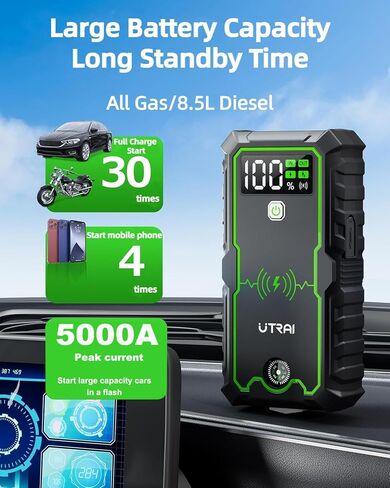 UTRAI Portable Car Jump Starter, 5000A Peak 27000mAh Jump Starter Battery Pack, 12V Jump Box for Car Battery up to All Gas or 8.5L Diesel Engine with 10w Wireless Charger/USB QC 3.0/LED Flashlight in Saudi Arabia