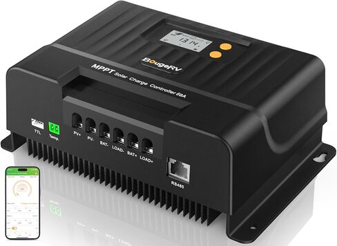 جهاز التحكم بالشحن الشمسي BougeRV MPPT 40A، مع جهاز تحكم عن بعد في التطبيق، شاشة LCD بإضاءة خلفية، مستشعر درجة الحرارة، منظم بطارية 12 فولت/24 فولت/36 فولت/48 فولت، لـ LiFePO4، SLD، AGM، FLD، بطارية جل، أرض سلبية in Saudi Arabia