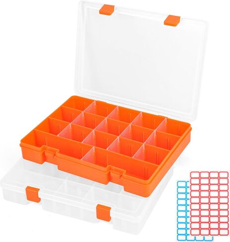 2-Pack 36 Grids Adjustable Dividers Bead Organizer, 10 x 7 inches Clear Thick Plastic Box Storage Containers with 2 Sticker Sheets for Diamond Painting, Jewelry Making (White, Orange) in Saudi Arabia