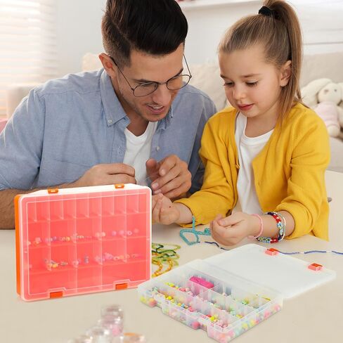 2-Pack 36 Grids Adjustable Dividers Bead Organizer, 10 x 7 inches Clear Thick Plastic Box Storage Containers with 2 Sticker Sheets for Diamond Painting, Jewelry Making (White, Orange) in Saudi Arabia