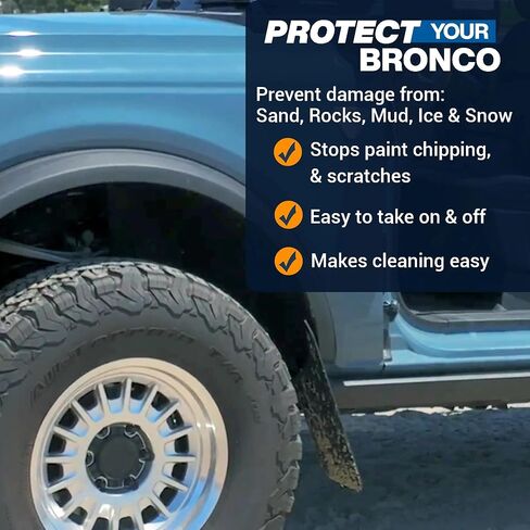 Rock Rail Front Ford Bronco Mud Flaps for Sasquatch 2021-2024 - Extra Wide Mud Flap, Designed for Tough Rugged Conditions, Easy Install, Made in USA (2 Pcs) in Saudi Arabia