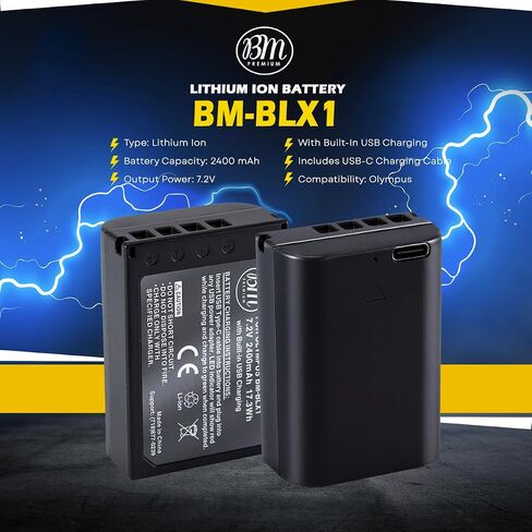 BM Premium BLX-1 High Capacity Battery with Built-in USB-C Charging Port for Olympus OM System OM-1, OM-1 Mark II, HLD-10 Cameras in Saudi Arabia