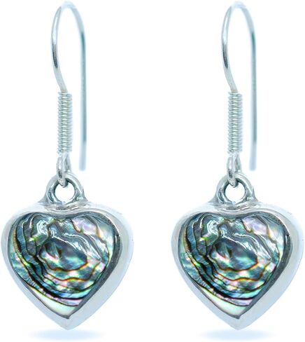 Sterling Silver 925 Petite Dangle Hook Earrings Heart Shape Abalone Inlay Hypoallergenic Jewelry Handmade in Saudi Arabia