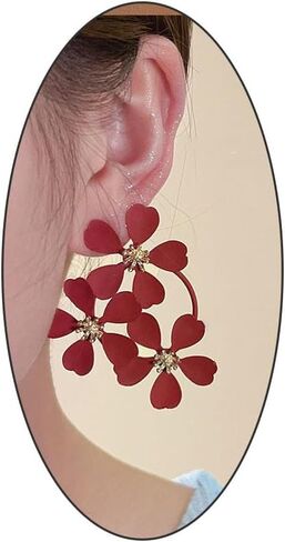 Bohemia Camellia Flower Drop Statement Earrings for Women, Cute Green White Red Tiered Triple Floral Dangle Stud Earrings Jewelry Party Prom in Saudi Arabia