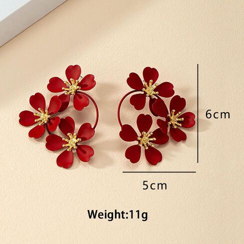 Bohemia Camellia Flower Drop Statement Earrings for Women, Cute Green White Red Tiered Triple Floral Dangle Stud Earrings Jewelry Party Prom in Saudi Arabia