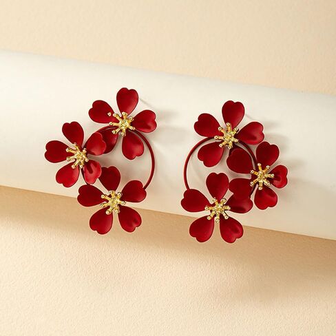 Bohemia Camellia Flower Drop Statement Earrings for Women, Cute Green White Red Tiered Triple Floral Dangle Stud Earrings Jewelry Party Prom in Saudi Arabia