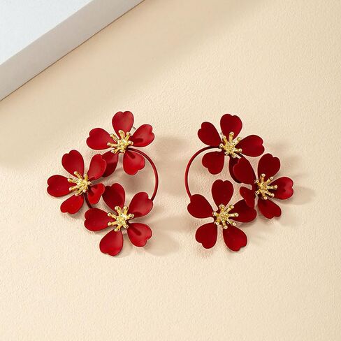 Bohemia Camellia Flower Drop Statement Earrings for Women, Cute Green White Red Tiered Triple Floral Dangle Stud Earrings Jewelry Party Prom in Saudi Arabia