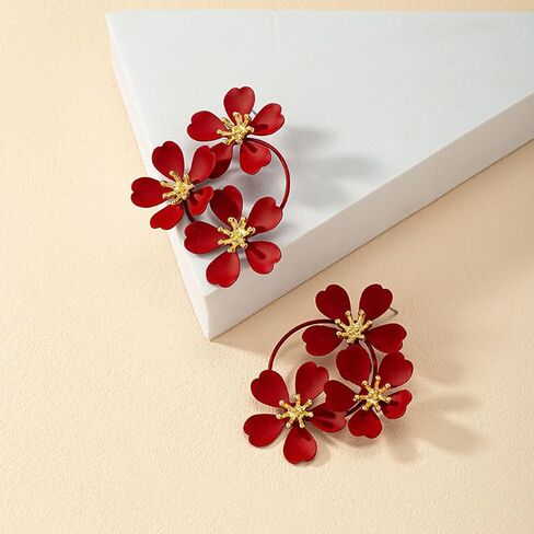 Bohemia Camellia Flower Drop Statement Earrings for Women, Cute Green White Red Tiered Triple Floral Dangle Stud Earrings Jewelry Party Prom in Saudi Arabia