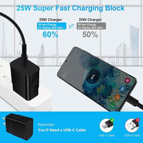 USB C Super Fast Charger for Samsung Galaxy S24 A15 A14 5G A54 A23 A53 A13 S23 S23+ S23 Ultra S22 S21 FE S20 Z Flip 5/4/3 Z Fold 5/4/3 A12 A32 A52, 25W Samsung Charger Block Type C Fast Charging Cord in Saudi Arabia