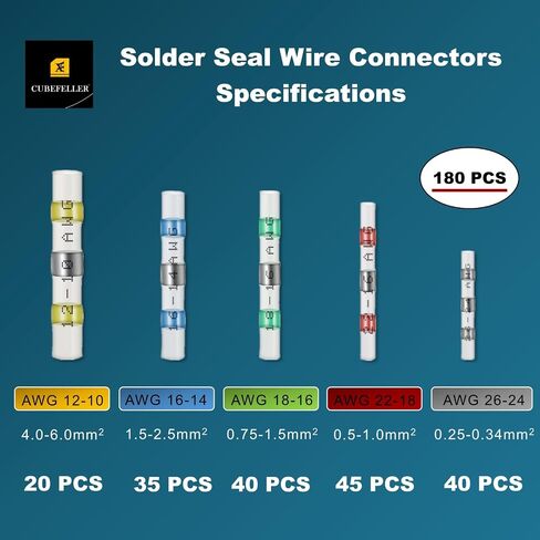 CUBEFELLER® Heat Shrink Wire Connectors,180 Pcs Solder Seal Butt Connectors Kit,Marine Waterproof Electrical Connectors, Solder Seal Wire Connectors Kit for Wire Splice in Saudi Arabia