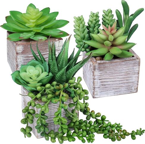 Set of 3 Assorted Small Green Potted Succulents Plants Decoration String of Pearls Fake Succulents in Rustic Wooden Pots for Home Living Room Bathroom Table Windowsill Shelf Office Desk Indoor Decor in Saudi Arabia
