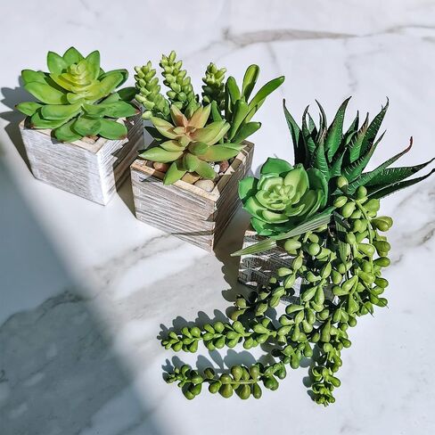 Set of 3 Assorted Small Green Potted Succulents Plants Decoration String of Pearls Fake Succulents in Rustic Wooden Pots for Home Living Room Bathroom Table Windowsill Shelf Office Desk Indoor Decor in Saudi Arabia