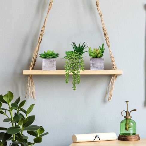 Set of 3 Assorted Small Green Potted Succulents Plants Decoration String of Pearls Fake Succulents in Rustic Wooden Pots for Home Living Room Bathroom Table Windowsill Shelf Office Desk Indoor Decor in Saudi Arabia