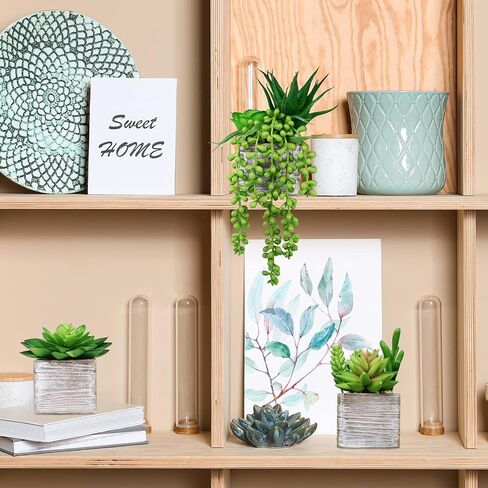 Set of 3 Assorted Small Green Potted Succulents Plants Decoration String of Pearls Fake Succulents in Rustic Wooden Pots for Home Living Room Bathroom Table Windowsill Shelf Office Desk Indoor Decor in Saudi Arabia