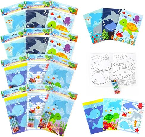 TINYMILLS Sea Turtles Animals Coloring Book Set with 12 Coloring Books and 48 Crayons Ocean Animals Birthday Party Supplies Favor Bag Filler Carnival Prizes Rewards in Kuwait