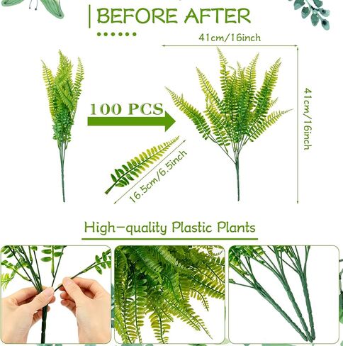 100 Bundles Fake Boston Fern Artificial Plants and Lavender UV Resistant Fake Plants No Fade Faux Ferns Lavender for Outdoor Planter Large Artificial Ferns for Outdoors Indoor for House (Boston Fern) in Saudi Arabia