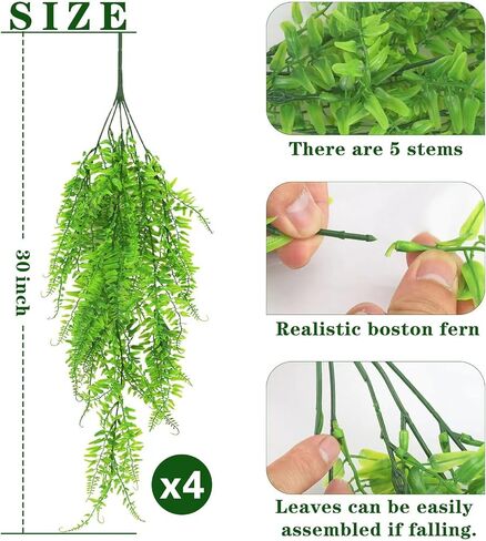 4-Pack Artificial Hanging Plants - UV Resistant Fake Boston Ferns for Indoor Outdoor Room Wall Wedding Patio Porch Decor in Saudi Arabia