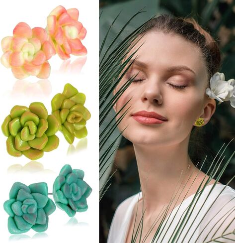 6 Pairs Succulent Earrings Plant Earrings Resin Handmade Stud Earrings Stainless Steel Studs Botanical Plant Earrings Flower Jewelry Accessories for Women and Girls in Saudi Arabia
