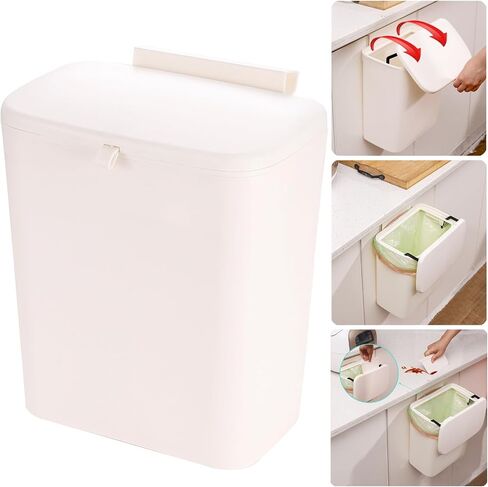 SuoXing 2.4 Gallon Hanging Trash Can for Kitchen Cabinet Door 9L Hanging Trash Can with Lid,Plastic Wall Mounted Garbage Can,Small Kitchen Waste Basket,Food Waste Bin for Countertop in Saudi Arabia