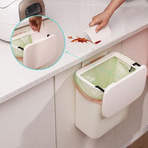 SuoXing 2.4 Gallon Hanging Trash Can for Kitchen Cabinet Door 9L Hanging Trash Can with Lid,Plastic Wall Mounted Garbage Can,Small Kitchen Waste Basket,Food Waste Bin for Countertop in Saudi Arabia