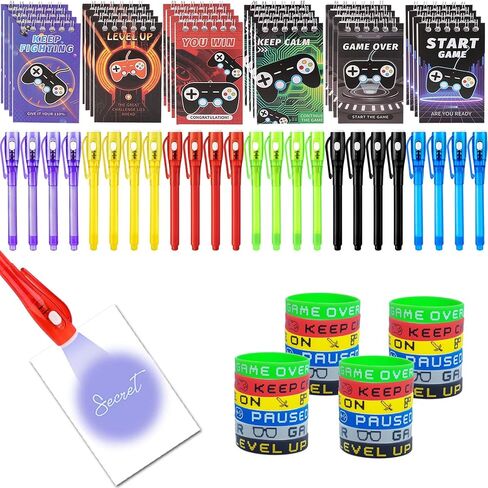 120 Pcs Video Game Party Favors Party Supplies Invisible Ink Pens Notebook Silicone Bracelet Gift Paper Bag Video Game Controller Keychain Birthday Supplies for Kids Gamer Party Favors in Saudi Arabia