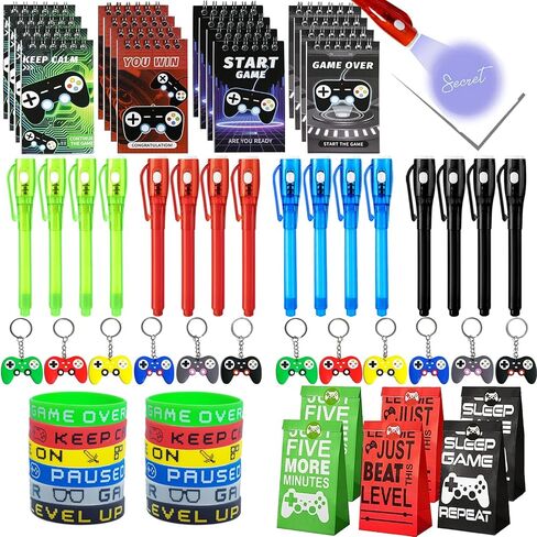 120 Pcs Video Game Party Favors Party Supplies Invisible Ink Pens Notebook Silicone Bracelet Gift Paper Bag Video Game Controller Keychain Birthday Supplies for Kids Gamer Party Favors in Saudi Arabia