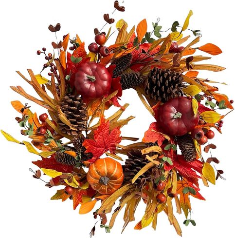 18" Fall Wreaths for Front Door with Maple Eucalyptus Leaves Pumpkin,Fall Door Wreath Autumn Wreath for Thanksgiving Halloween Outdoor Indoor Farmhouse Party Holiday Porch Wall Window Home Decoration in Saudi Arabia