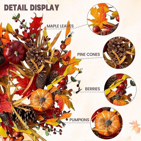 18" Fall Wreaths for Front Door with Maple Eucalyptus Leaves Pumpkin,Fall Door Wreath Autumn Wreath for Thanksgiving Halloween Outdoor Indoor Farmhouse Party Holiday Porch Wall Window Home Decoration in Saudi Arabia