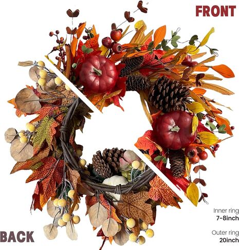 18" Fall Wreaths for Front Door with Maple Eucalyptus Leaves Pumpkin,Fall Door Wreath Autumn Wreath for Thanksgiving Halloween Outdoor Indoor Farmhouse Party Holiday Porch Wall Window Home Decoration in Saudi Arabia