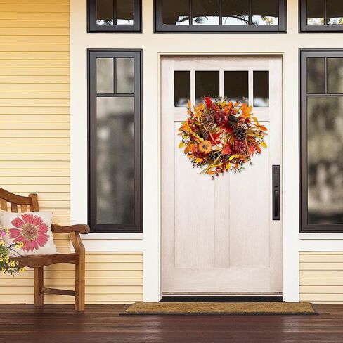 18" Fall Wreaths for Front Door with Maple Eucalyptus Leaves Pumpkin,Fall Door Wreath Autumn Wreath for Thanksgiving Halloween Outdoor Indoor Farmhouse Party Holiday Porch Wall Window Home Decoration in Saudi Arabia
