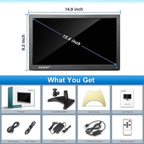 Haiway 15.6 Inch Small HDMI Monitor, 1366x768 Home Security CCTV Monitor | HDMI VGA BNC USB Input,Remote Control,Built-in Speakers,for CCTV NVR DVR Raspberry Pi,for Home Office Warehouse,VESA 75x75MM in Saudi Arabia