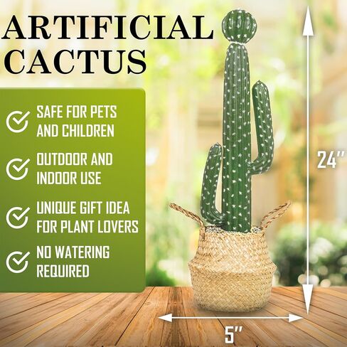 Artificial Fake Cactus Plant - 27 Inch Large Faux Cactus Plant for Indoor - Tall Artificial Cactus Plant for Home Decor - Large Fake Desert Plants, Green, SAC60 in Saudi Arabia