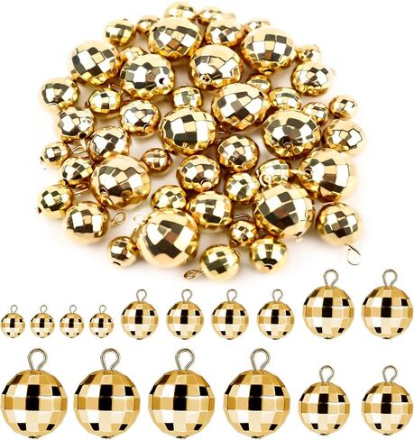 48pcs Disco Ball Pendants, Mini Disco Balls Charms Disco Ornaments Round Mirror Beads Accessories Small Reflective 70s Disco Party Decoration for Holiday Cake Jewelry Making DIY Crafts (Gold) in Saudi Arabia