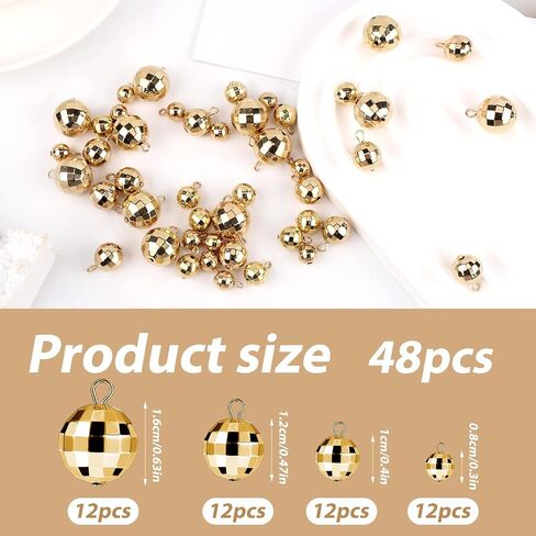 48pcs Disco Ball Pendants, Mini Disco Balls Charms Disco Ornaments Round Mirror Beads Accessories Small Reflective 70s Disco Party Decoration for Holiday Cake Jewelry Making DIY Crafts (Gold) in Saudi Arabia