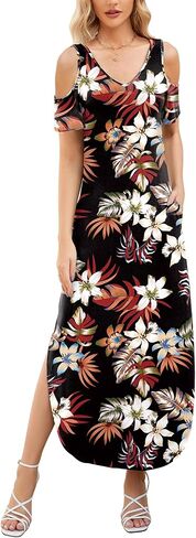 Gracyoga Maxi Dress for Women Casual Summer V Neck Cold Shoulder Short Sleeve Split Long Beach Dresses with Pockets in Saudi Arabia