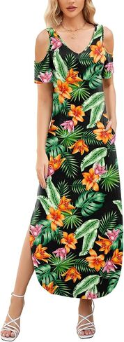 Gracyoga Maxi Dress for Women Casual Summer V Neck Cold Shoulder Short Sleeve Split Long Beach Dresses with Pockets in Saudi Arabia