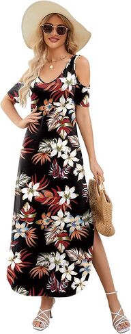 Gracyoga Maxi Dress for Women Casual Summer V Neck Cold Shoulder Short Sleeve Split Long Beach Dresses with Pockets in Saudi Arabia