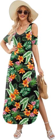 Gracyoga Maxi Dress for Women Casual Summer V Neck Cold Shoulder Short Sleeve Split Long Beach Dresses with Pockets in Saudi Arabia