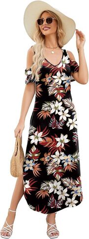 Gracyoga Maxi Dress for Women Casual Summer V Neck Cold Shoulder Short Sleeve Split Long Beach Dresses with Pockets in Saudi Arabia