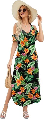 Gracyoga Maxi Dress for Women Casual Summer V Neck Cold Shoulder Short Sleeve Split Long Beach Dresses with Pockets in Saudi Arabia
