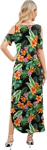 Gracyoga Maxi Dress for Women Casual Summer V Neck Cold Shoulder Short Sleeve Split Long Beach Dresses with Pockets in Saudi Arabia