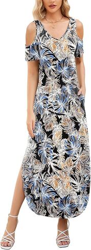 Gracyoga Maxi Dress for Women Casual Summer V Neck Cold Shoulder Short Sleeve Split Long Beach Dresses with Pockets in Saudi Arabia